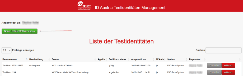Liste Testidentitäten (Screenshot)