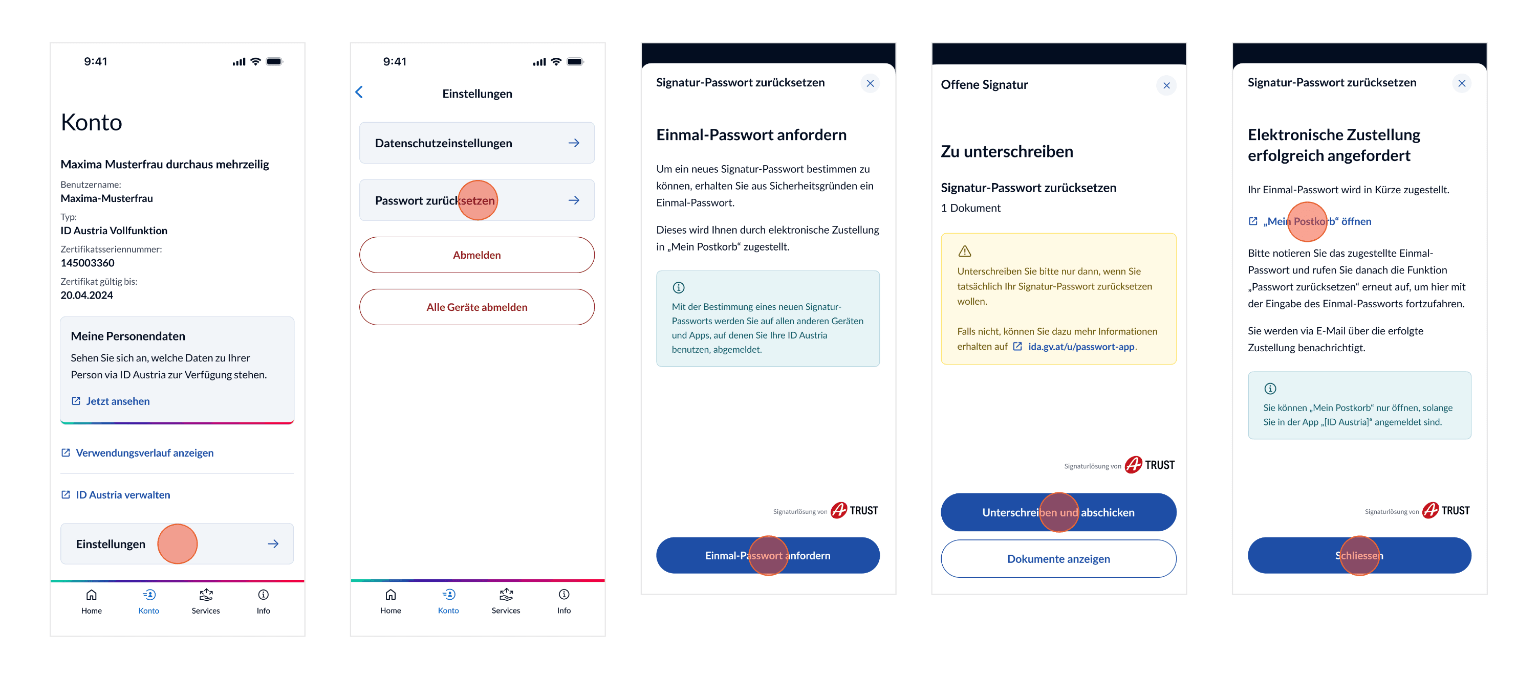 Darstellung der Bildschirme für den Funktionsablauf „Passwort zurücksetzen“ in der App – Teil 1