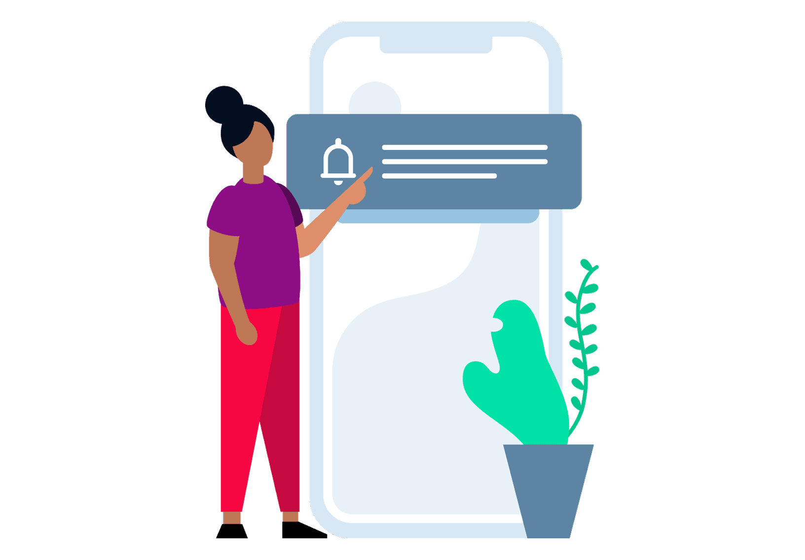 Illustration einer Frau, die auf eine Benachrichtigung auf einem großen Smartphone-Bildschirm zeigt; daneben steht eine grüne Topfpflanze.