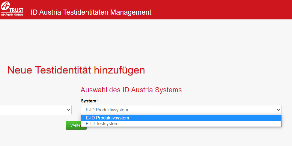 Testidentitäten-Manager: Neue Testidentität hinzufügen