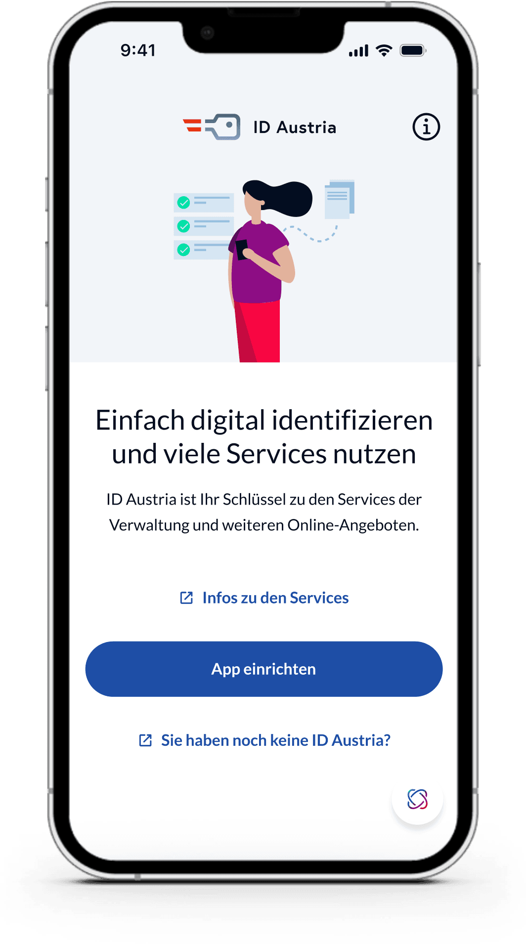 Smartphone-Bildschirm zeigt geöffnete App „ID Austria“ mit Button „App einrichten“