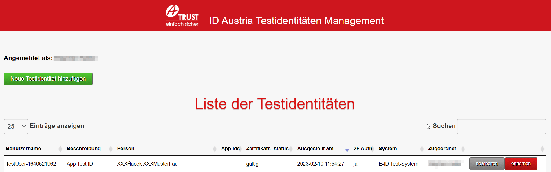 Testidentitäten-Manager: Liste der Testidentitäten