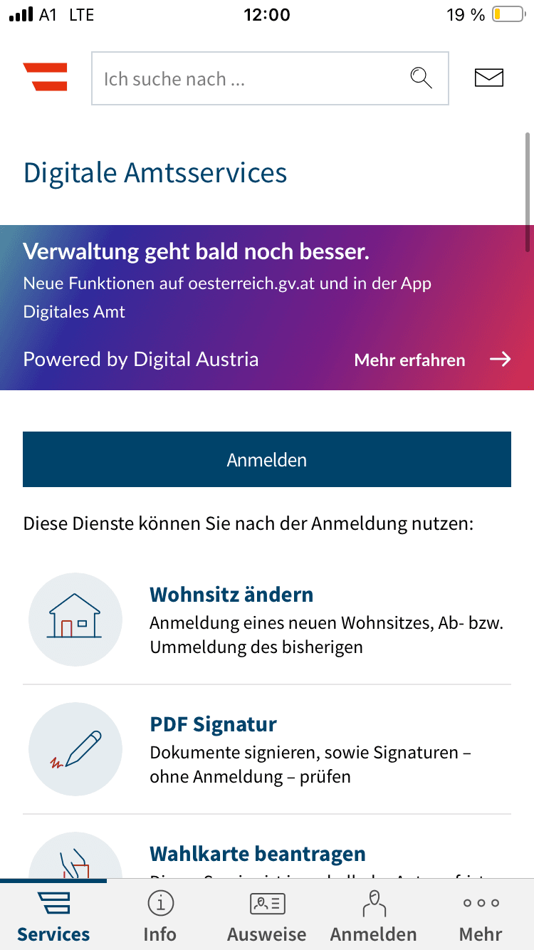 ID Austria App Übersichtsseite