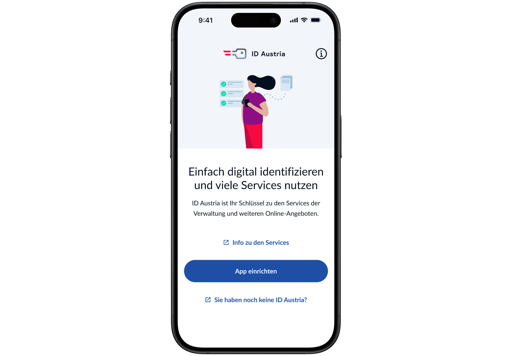Mockup eines Smartphones, welches den ID Austria App-Anmeldescreen zeigt