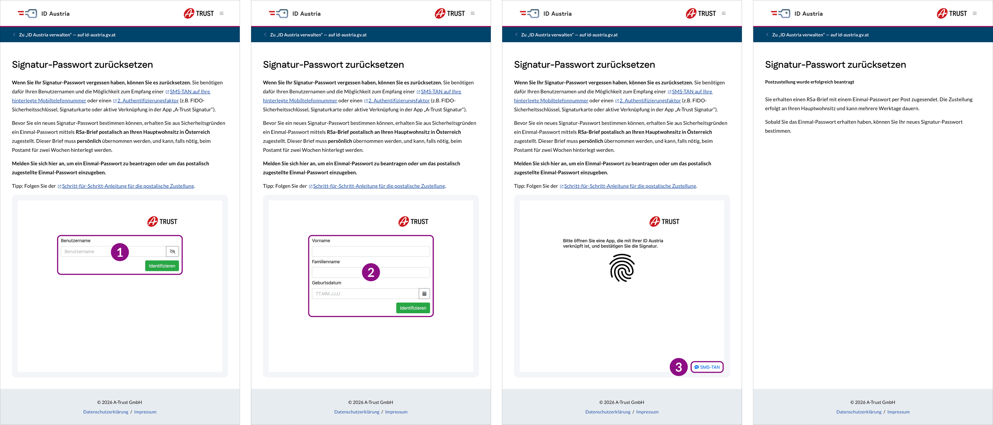 Darstellung der Bildschirme für den Funktionsablauf „Signatur-Passwort mittels Postweg zurücksetzen“ im Web, um sich anzumelden zum Anfordern bzw. Eingeben des Einmal-Passworts — Teil 1