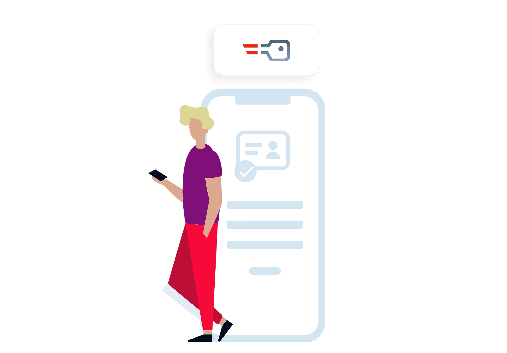 Illustration eines Mannes, der ein Smartphone in der Hand hält und sich gegen ein großes Smartphone lehnt, auf dessen Bildschirm eine digitale Ausweisprüfung mit Häkchen angezeigt wird. Über dem großen Smartphone schwebt das ID Austria Logo