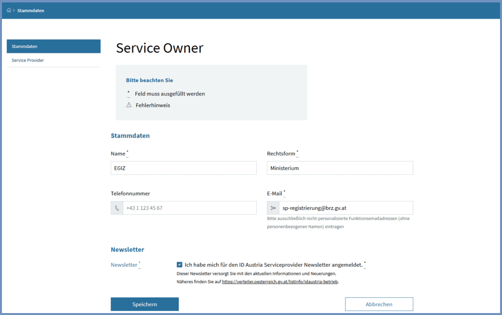 Neuanlage Service Owner