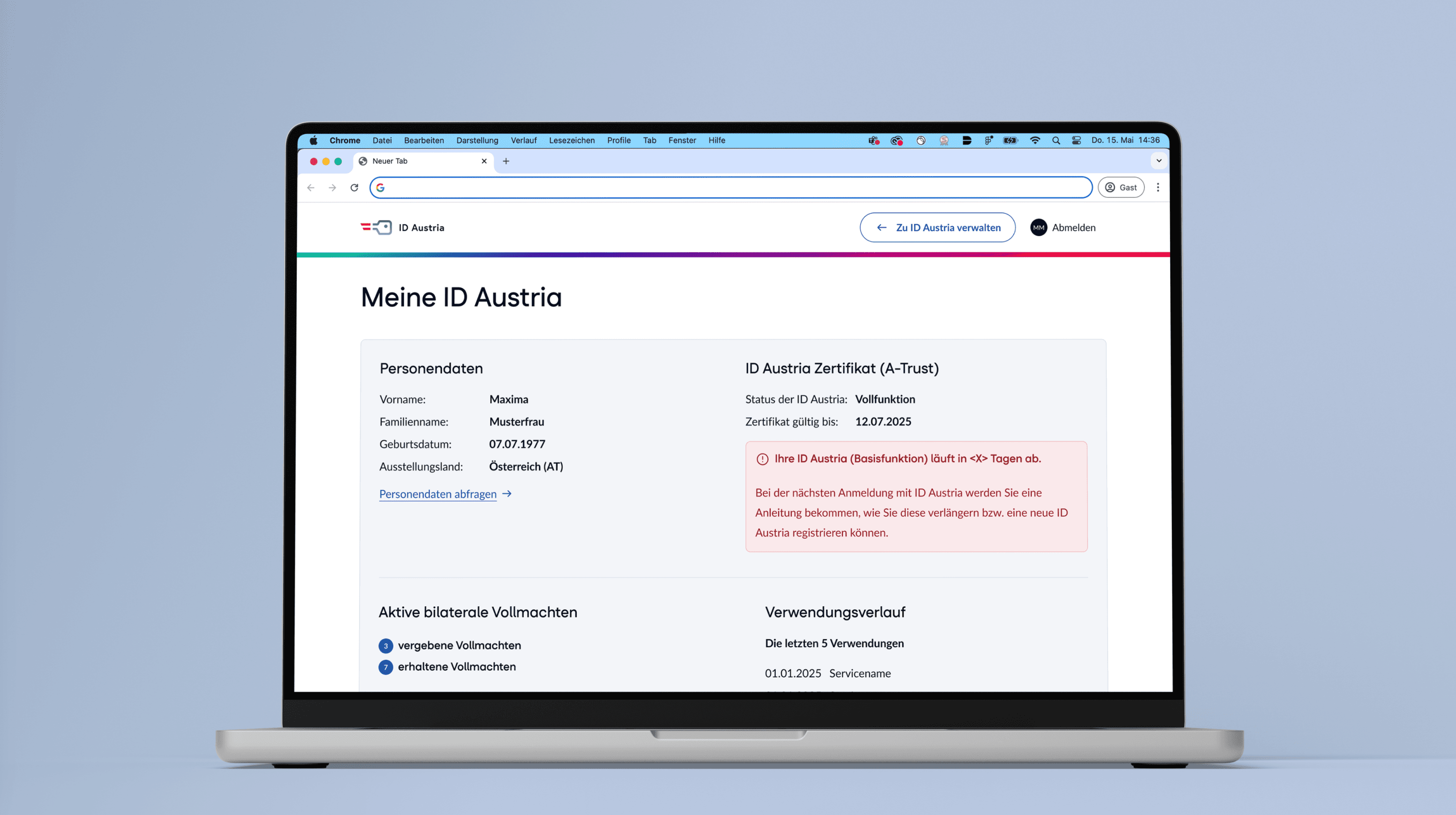 Mockup of a laptop with the “My ID Austria” page