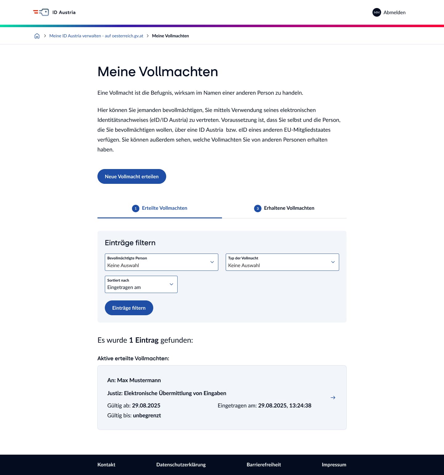 Screenshot von Seite „Erteilte Vollmachten“