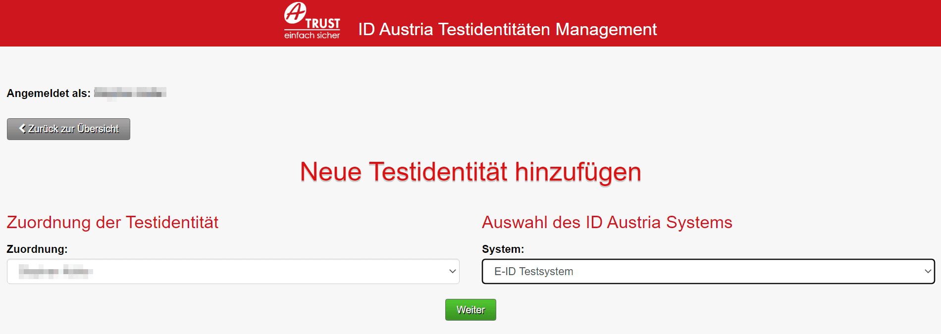 Neue Testidentität hinzufügen (Screenshot)