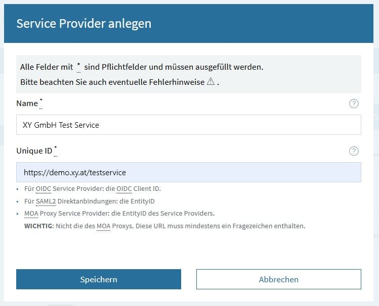 Service Provider Neuanlage