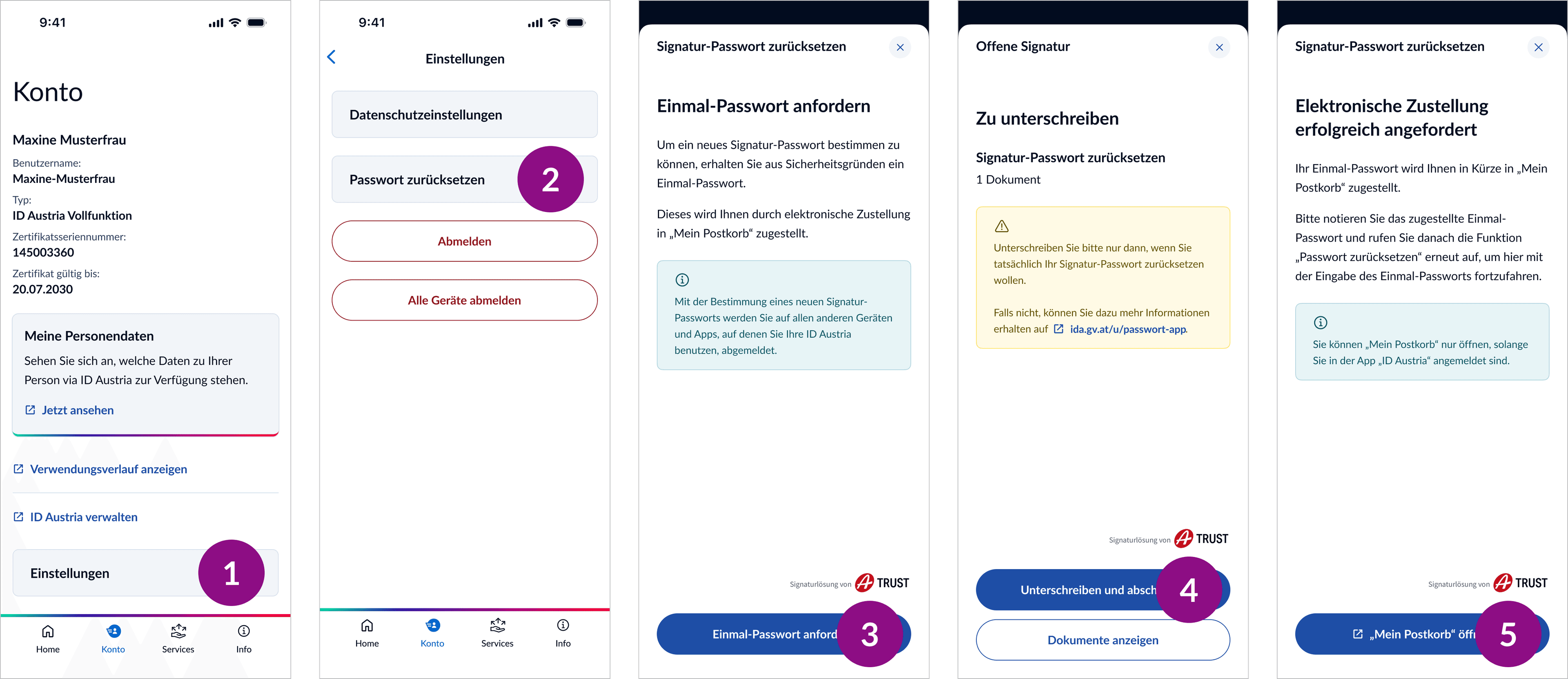 Darstellung des Ablaufs um Funktion „Passwort zurücksetzen“ aufzurufen und ein Einmal-Passwort anzufordern — Teil 1
