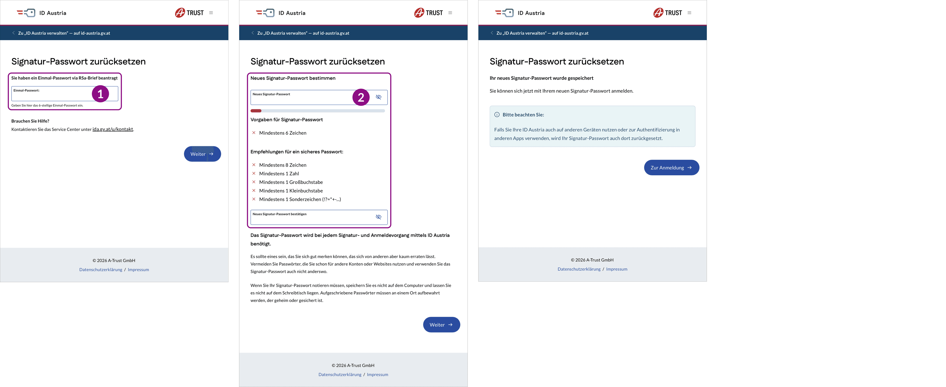 Darstellung der Bildschirme für den Funktionsablauf „Signatur-Passwort mittels Postweg zurücksetzen“ im Web, um das Einmal-Passwort einzugeben das Signatur-Passwort neu zu bestimmen — Teil 3