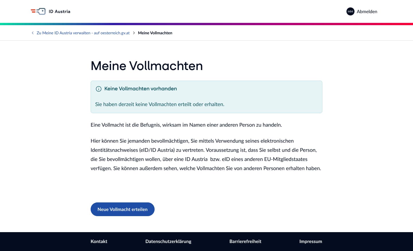 Screenshot von Seite "Meine Vollmachten"