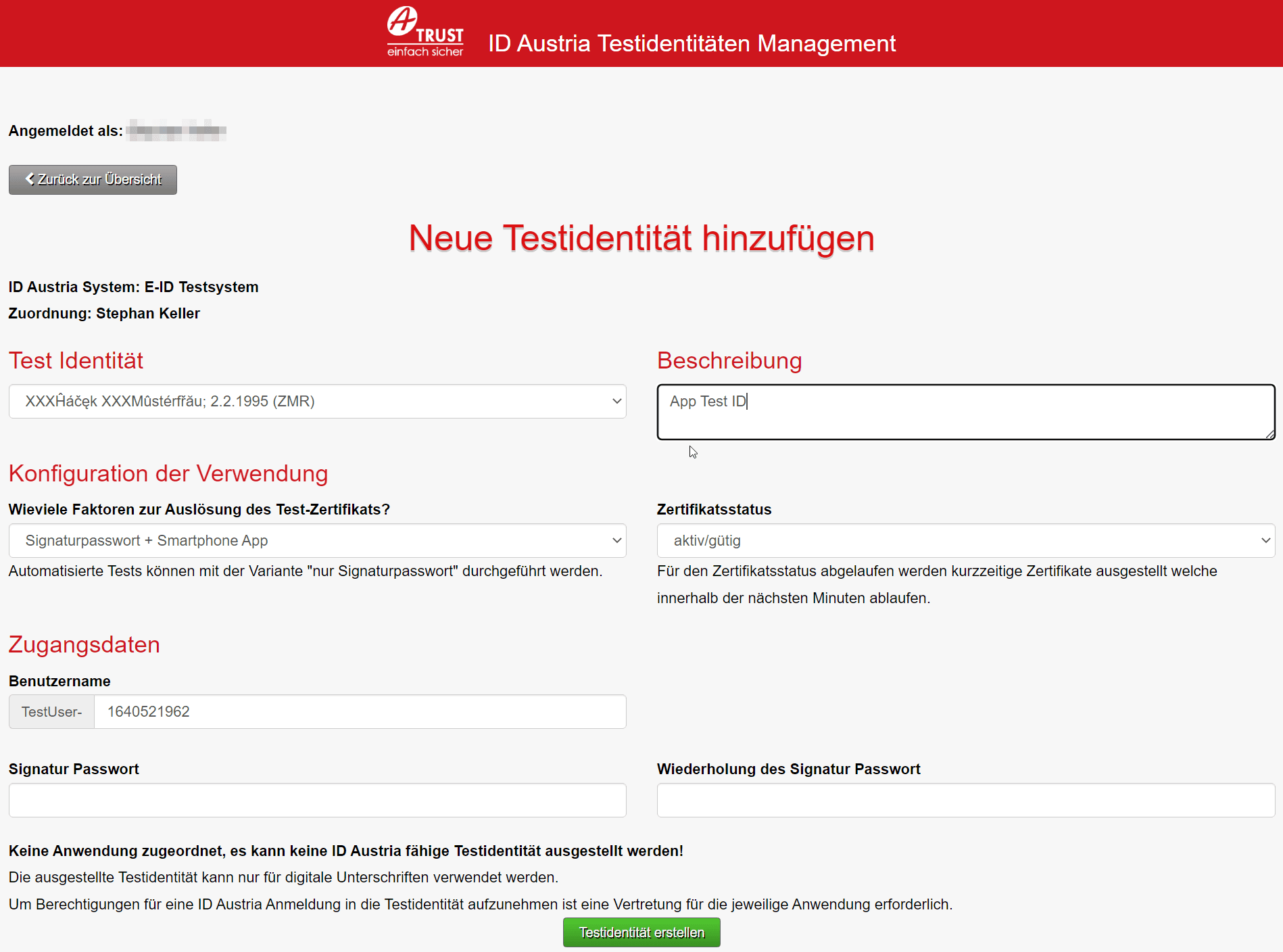 Testidentität-Manager: Neue Testidentität hinzufügen