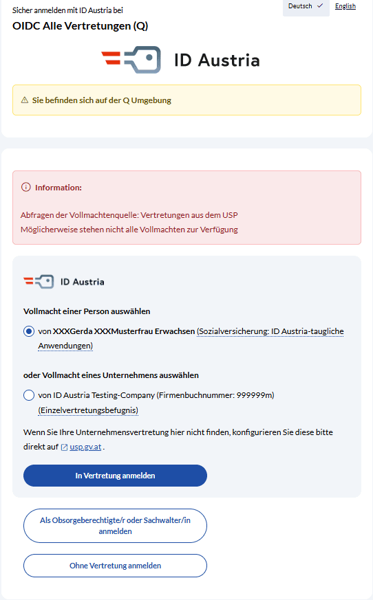 Auswahl Login Vertretung