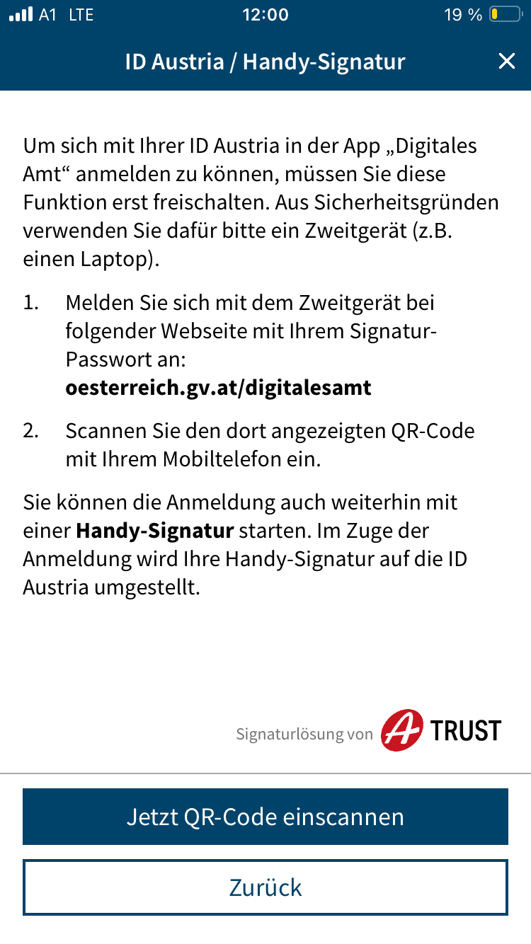 ID Austria App: QR Code scannen