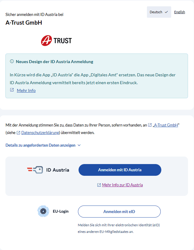Anmeldung Testidentitäten-Manager (Screenshot)