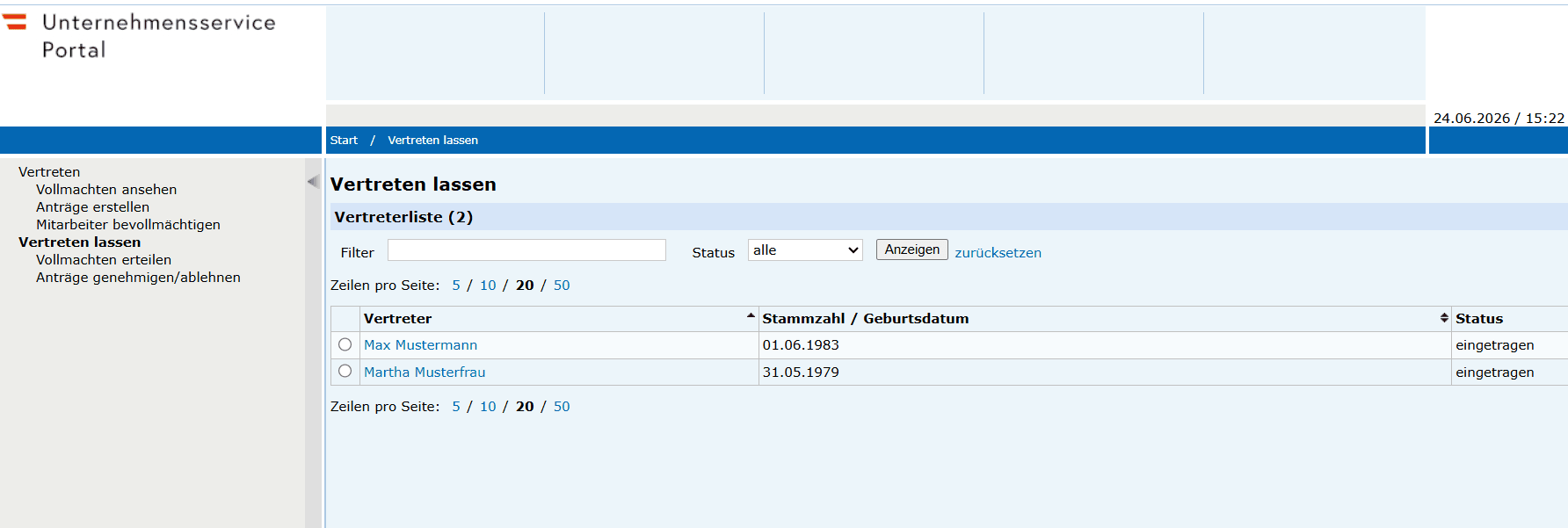 Vergabe Berechtigung - Auswahl Person (Screenshot)