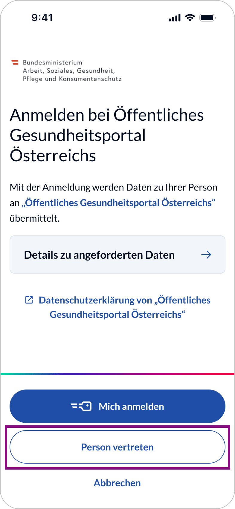 Anmeldung in Vertretung - obsorgeberechtigte Person - Schritt 1