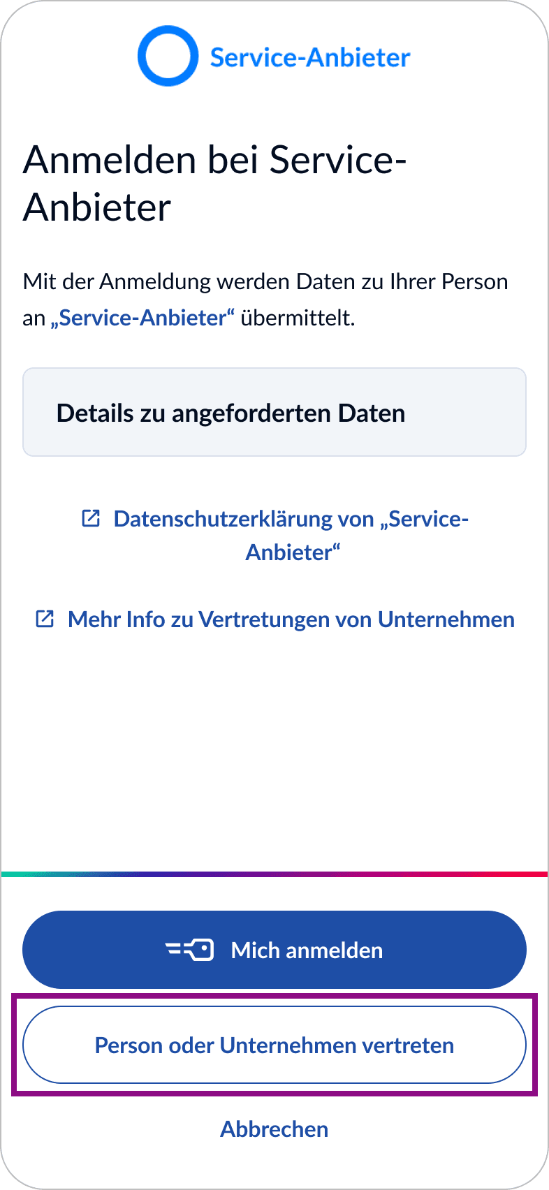 Anmeldemaske ID Austria: Auswahl von Anmeldung in Vertretung