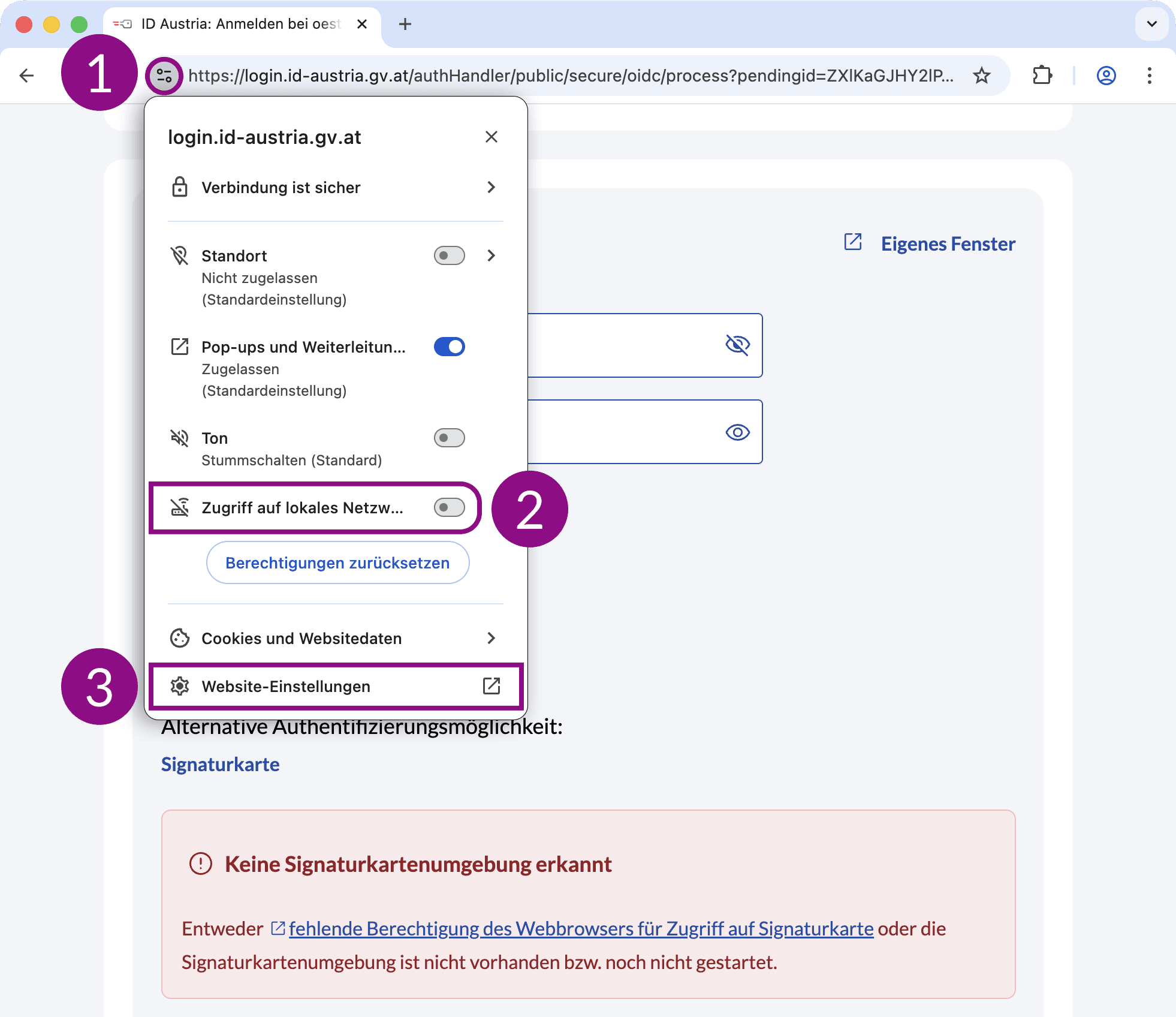 Screenshot der „Websiteinformationen“ auf Chrome – markiert sind das Icon „Websiteinformationen anzeigen“ (1), der Schalter „Zugriff auf lokales Netzwerk“ (2) sowie der Eintrag „Website-Einstellungen“ (3).