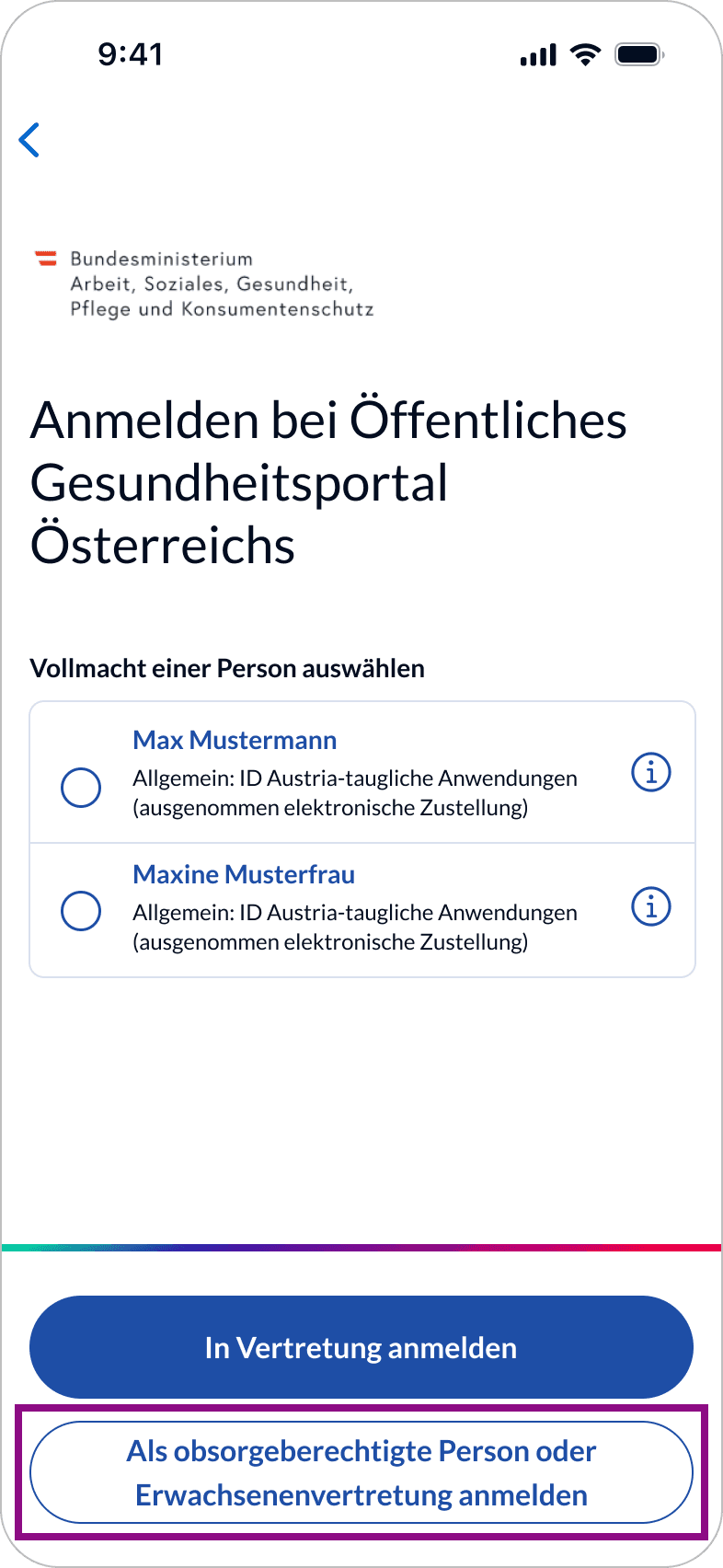 Anmeldung in Vertretung - obsorgeberechtigte Person - Schritt 2