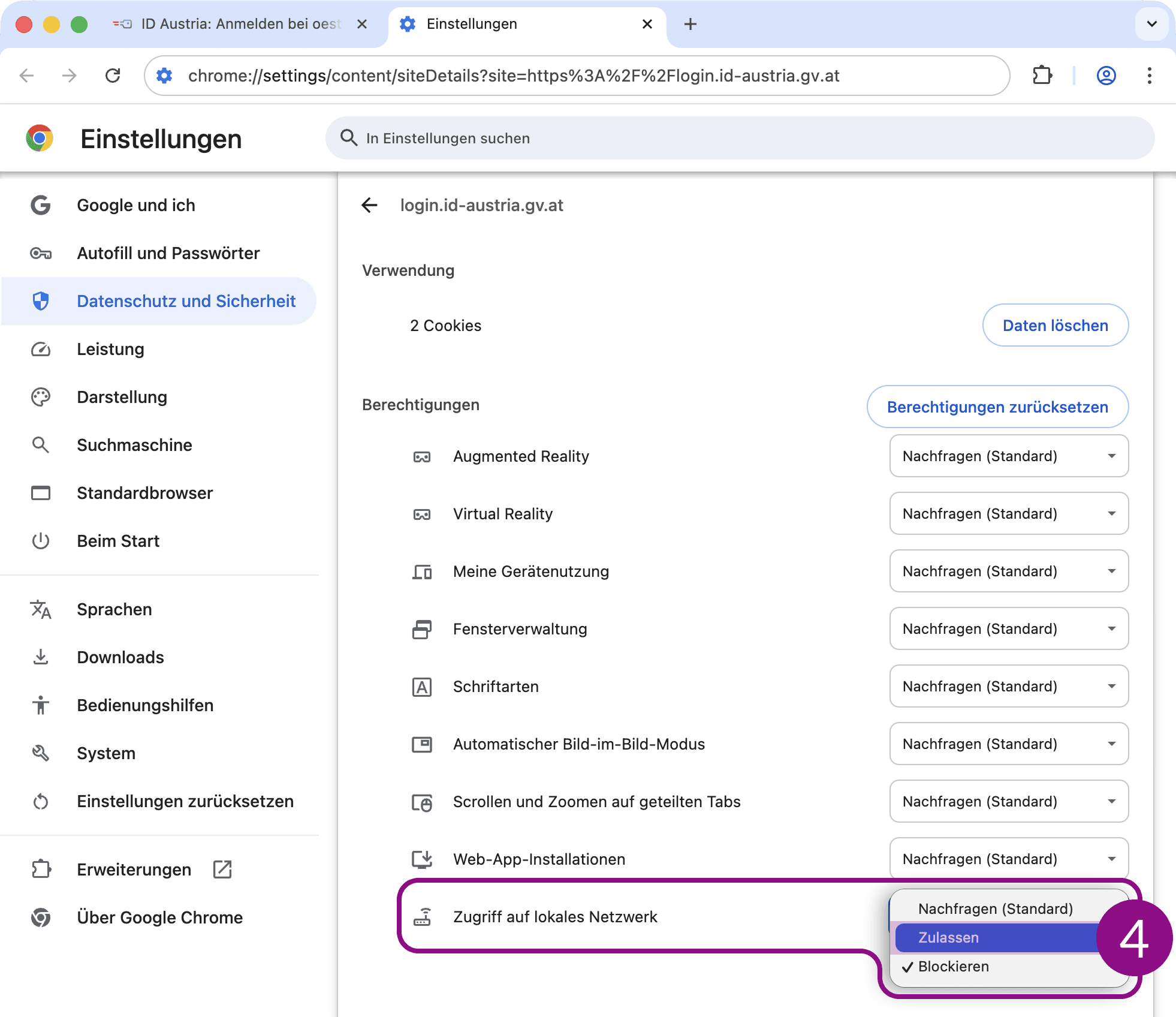 Screenshot der Website-Einstellungen für login.id-austria.gv.at auf Chrome – markiert ist der Eintrag „Zugriff auf lokales Netzwerk“ und „Zulassen“ (4) im dazugehörigen Dropdown.