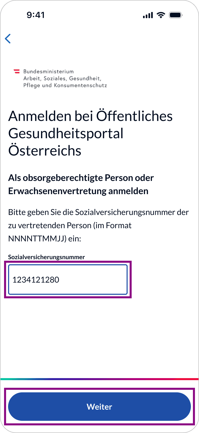 Anmeldung in Vertretung - obsorgeberechtigte Person - Schritt 3