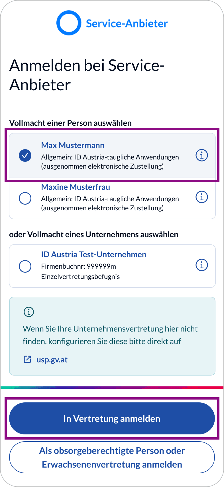 Vollmacht auswählen und in Vertretung anmelden