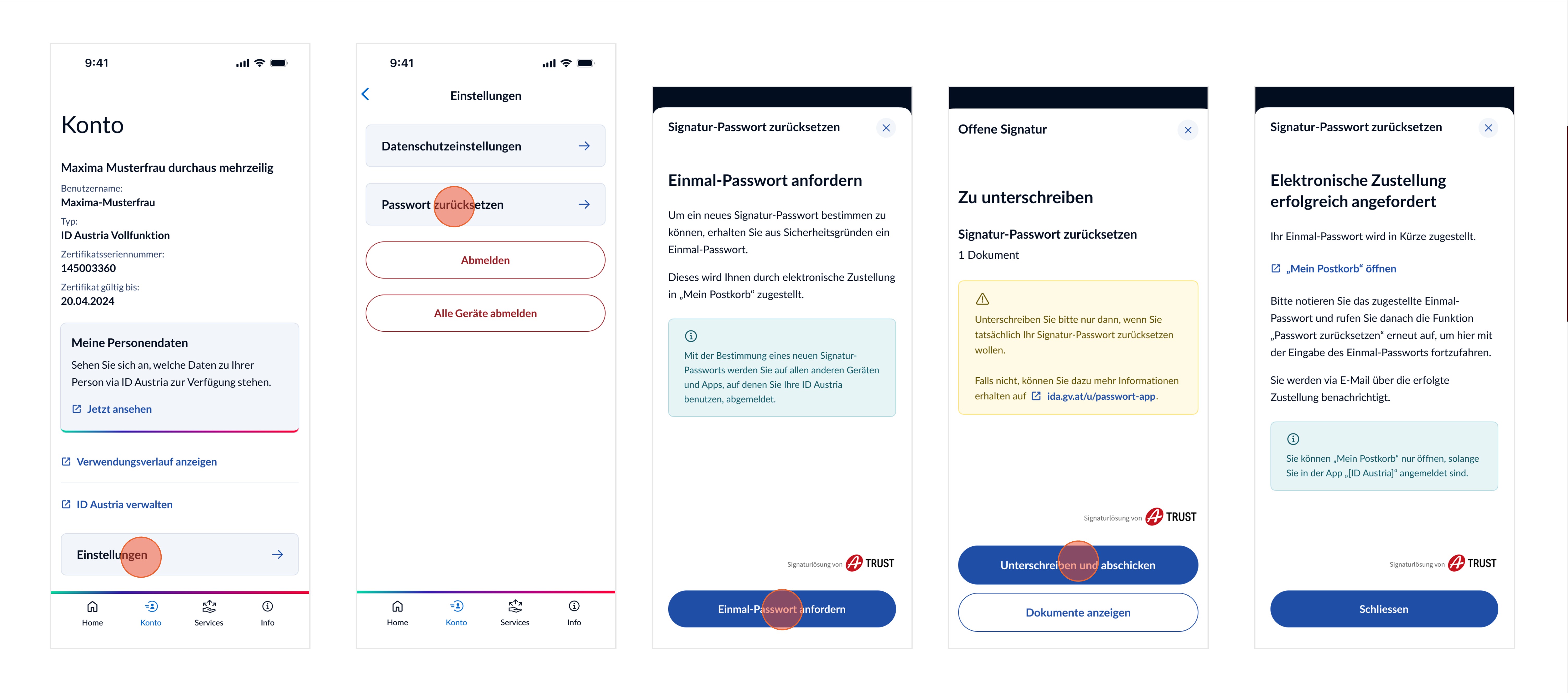 Darstellung der Bildschirme für den Funktionsablauf „Passwort zurücksetzen“ in der App - Teil 1