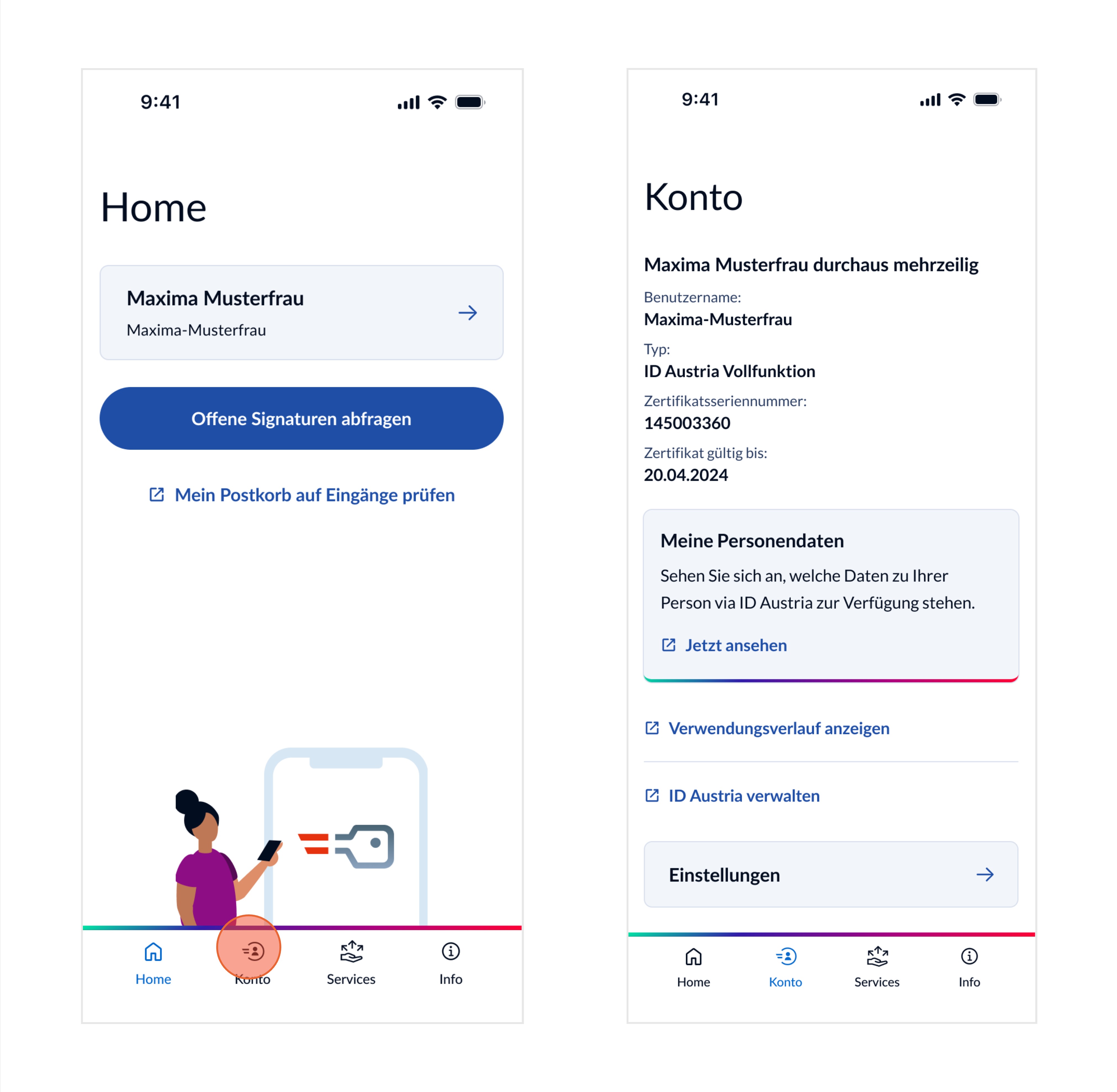 Darstellung der Bildschirme für den Funktionsablauf "Benutzername einsehen" in der App 