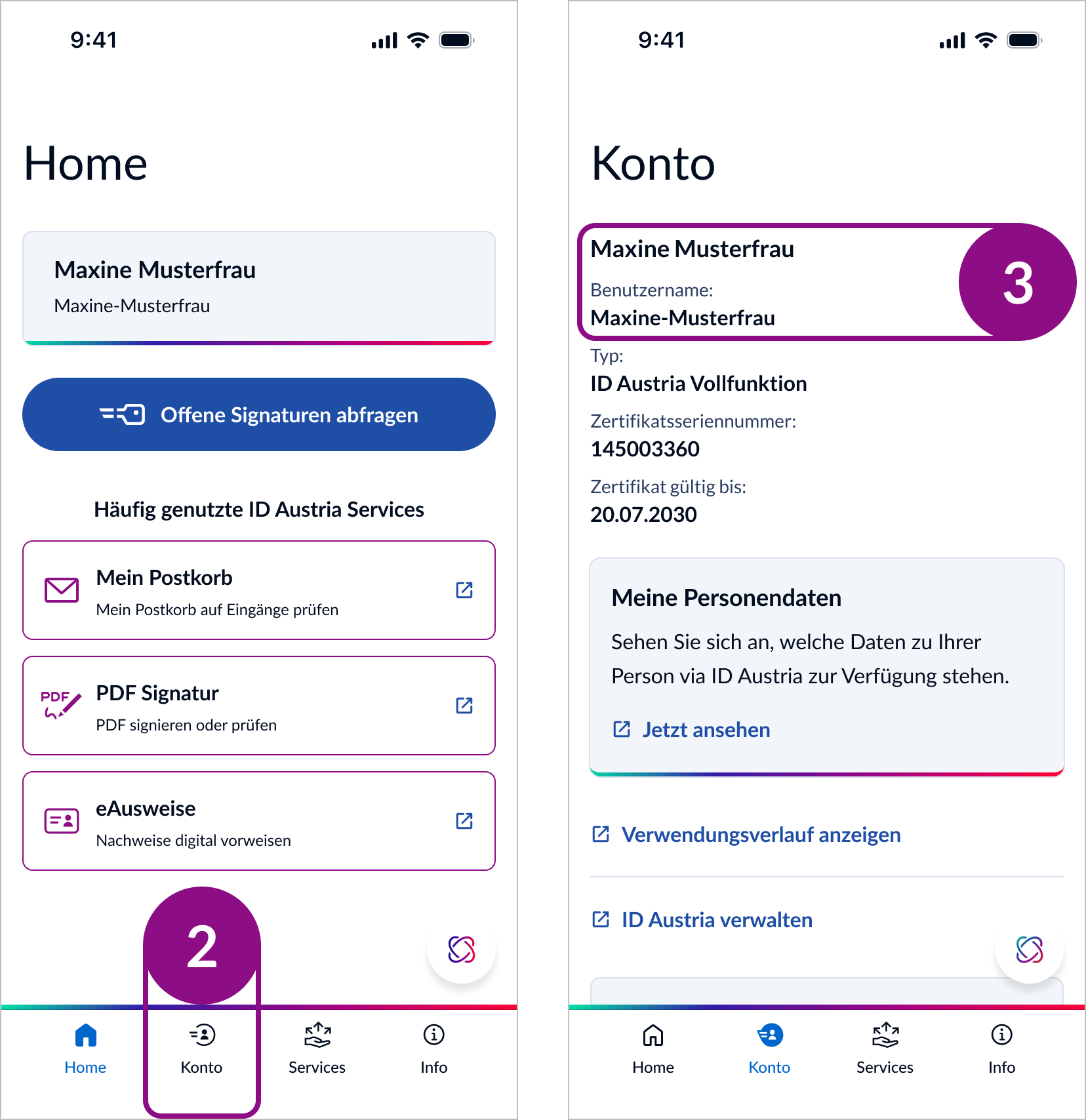 Darstellung der Bildschirme für den Funktionsablauf "Benutzername einsehen" in der App 