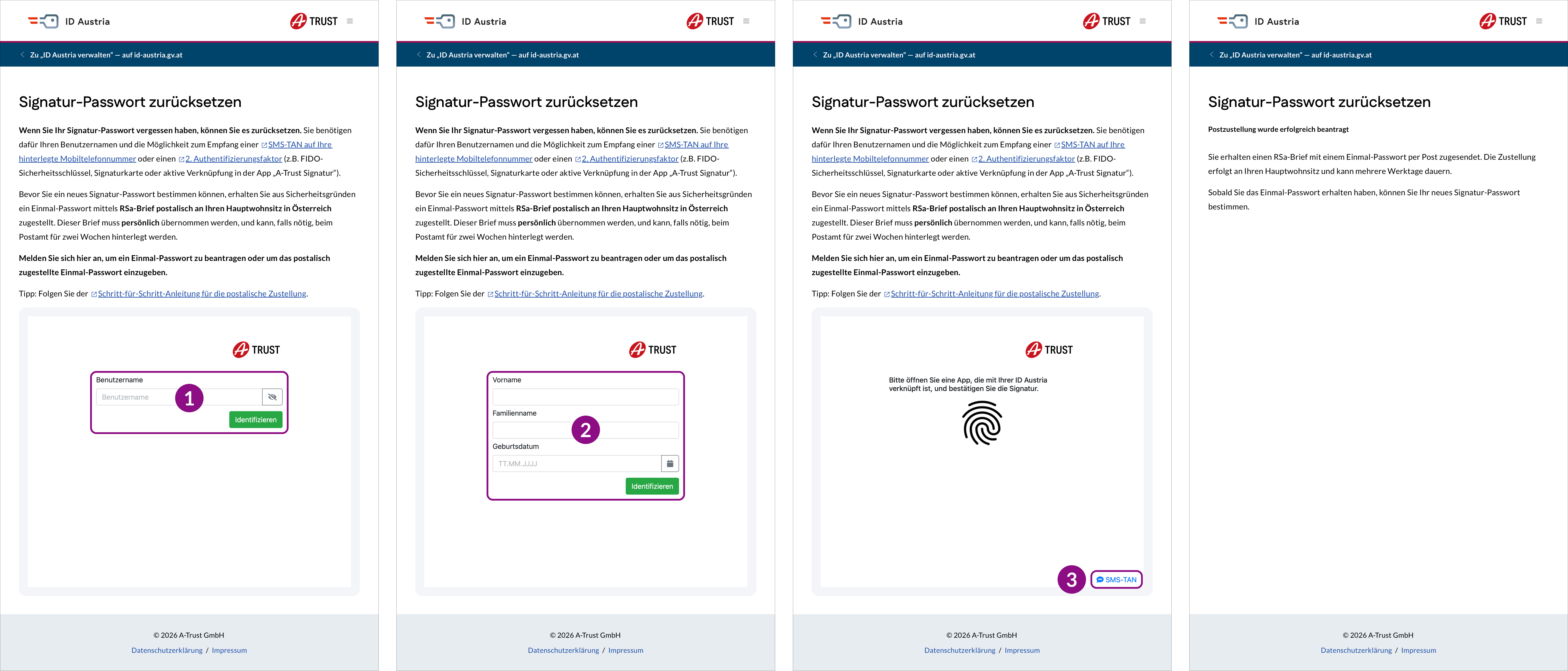 Darstellung der Bildschirme für den Funktionsablauf „Signatur-Passwort mittels Postweg zurücksetzen“ im Web, um sich anzumelden zum Anfordern bzw. Eingeben des Einmal-Passworts — Teil 1