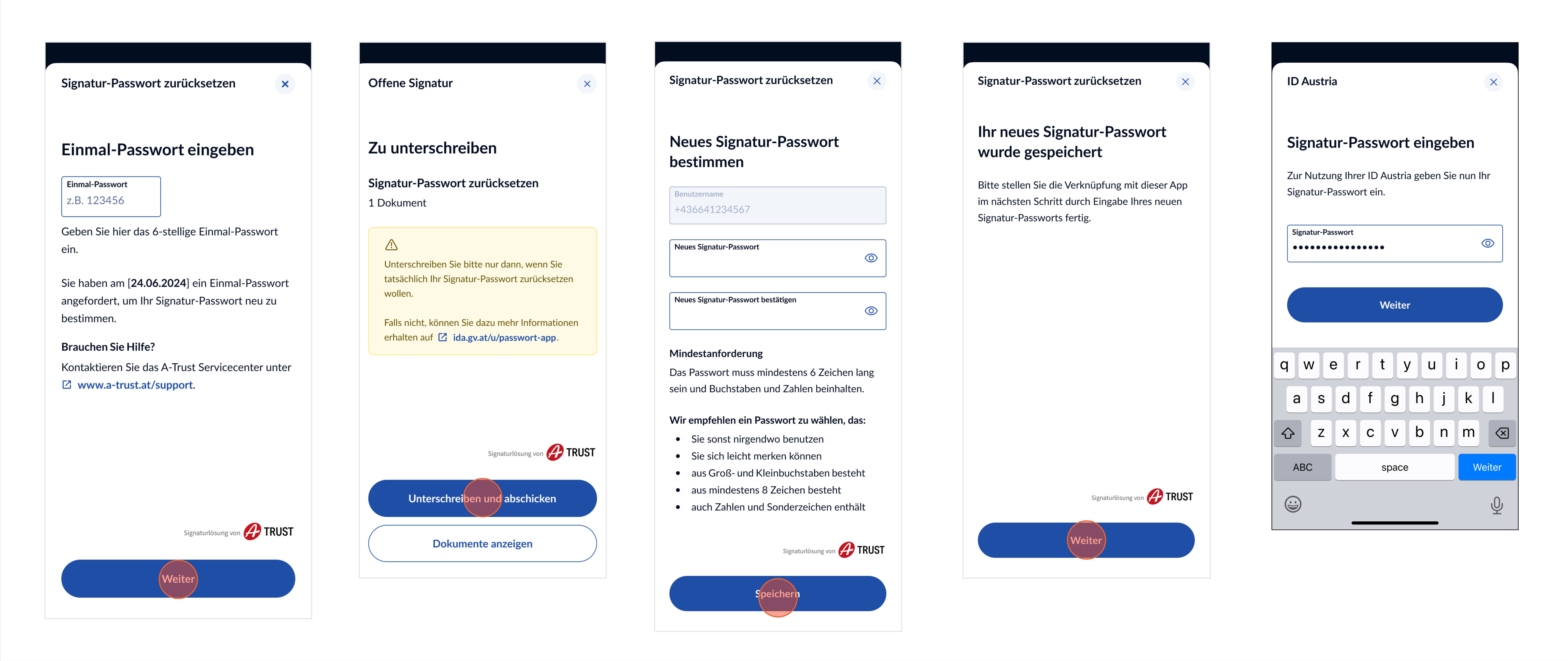 Darstellung der Bildschirme für den Funktionsablauf "Passwort zurücksetzen" in der App - Teil 2