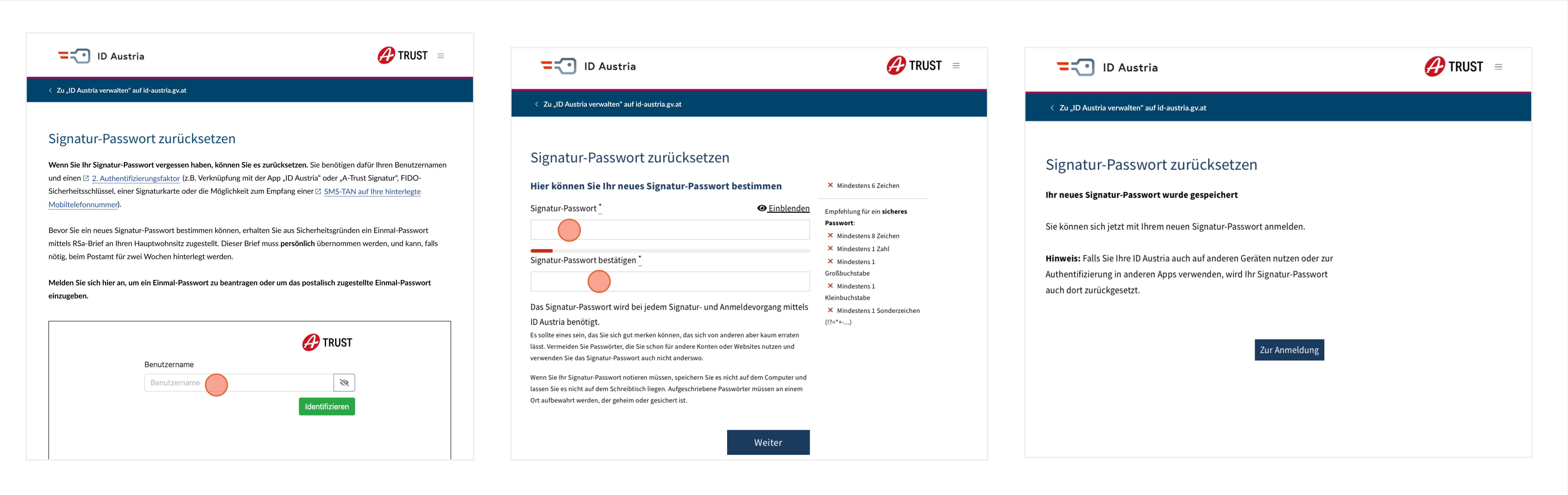 Darstellung der Bildschirme für den Funktionsablauf "Passwort zurücksetzen" im Web