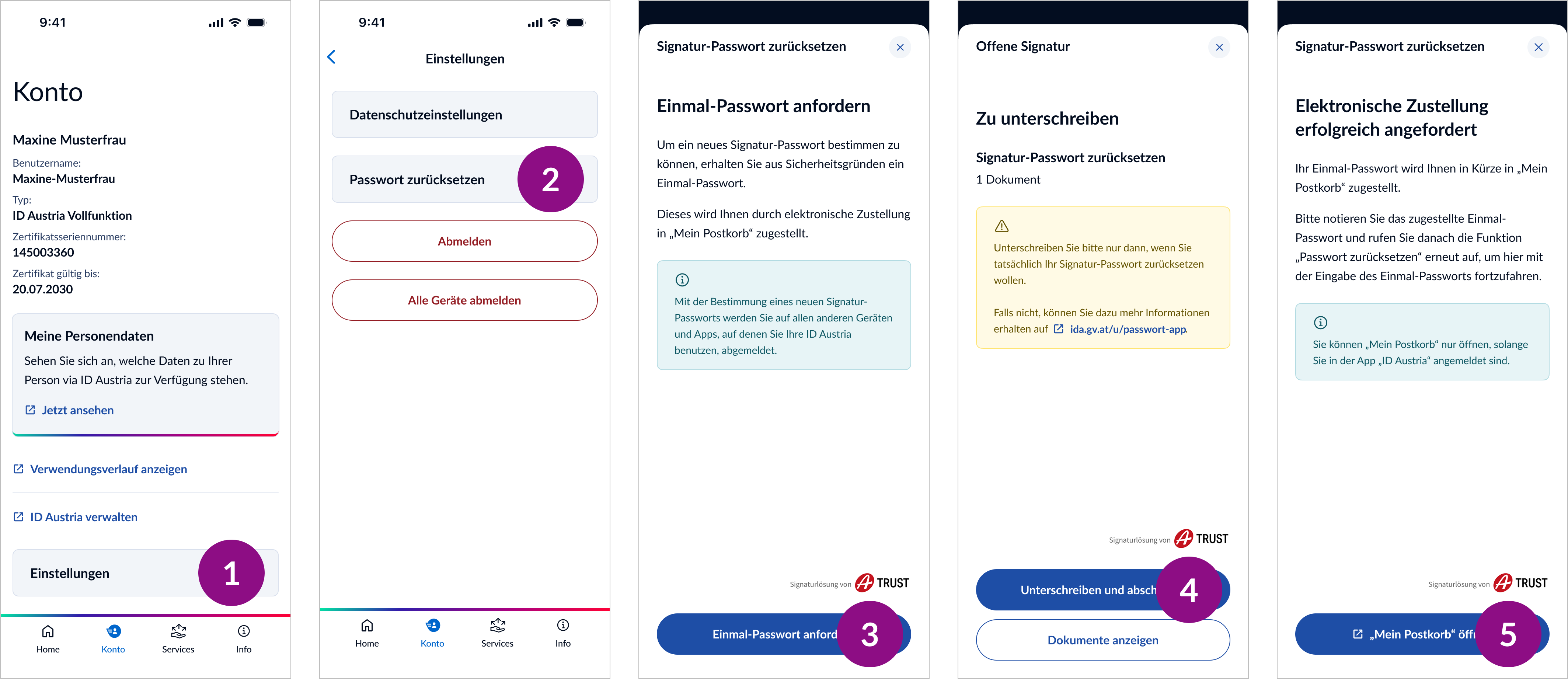 Darstellung des Ablaufs um Funktion „Passwort zurücksetzen“ aufzurufen und ein Einmal-Passwort anzufordern — Teil 1