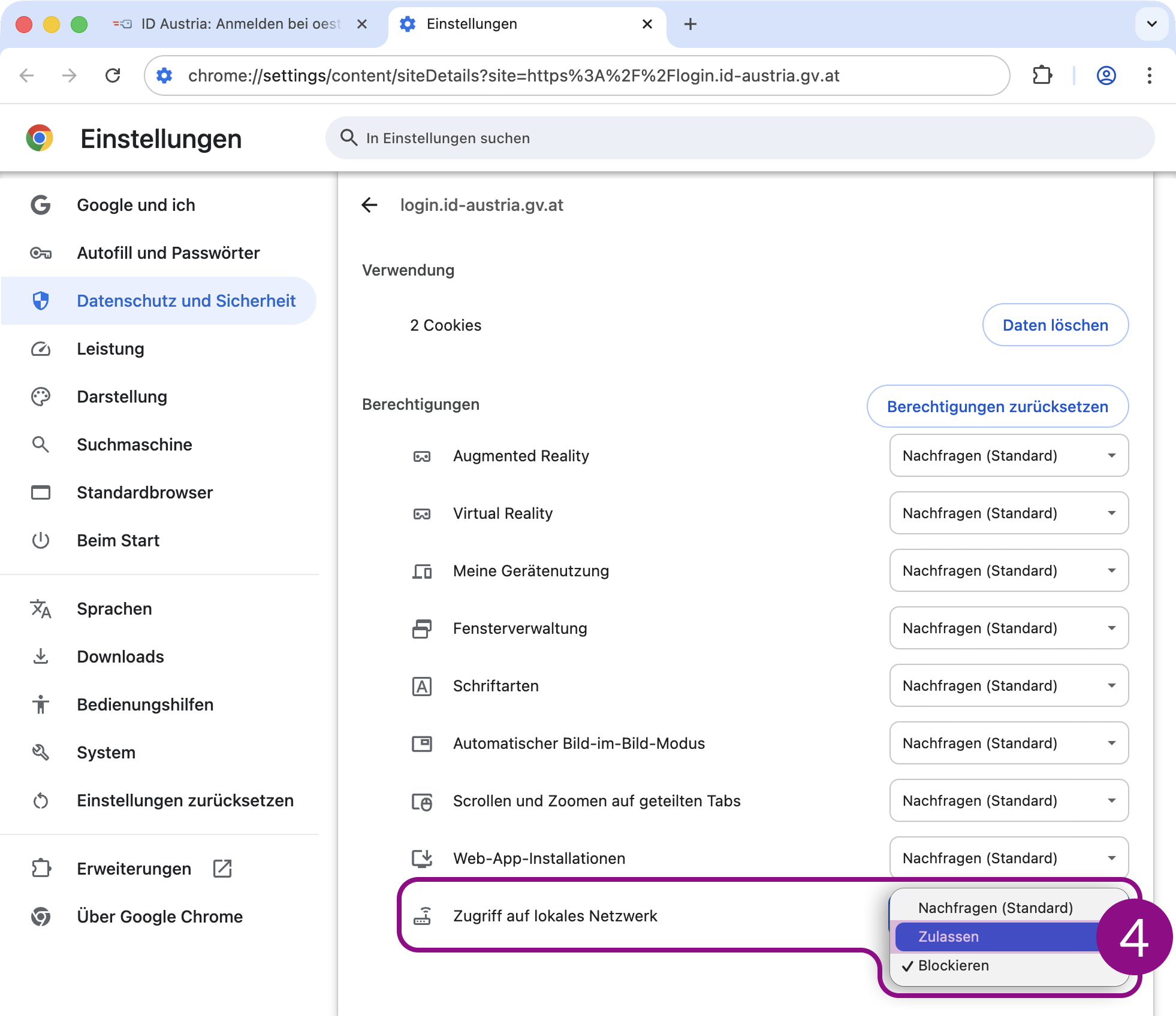 Screenshot der Website-Einstellungen für login.id-austria.gv.at auf Chrome – markiert ist der Eintrag „Zugriff auf lokales Netzwerk“ und „Zulassen“ (4) im dazugehörigen Dropdown.