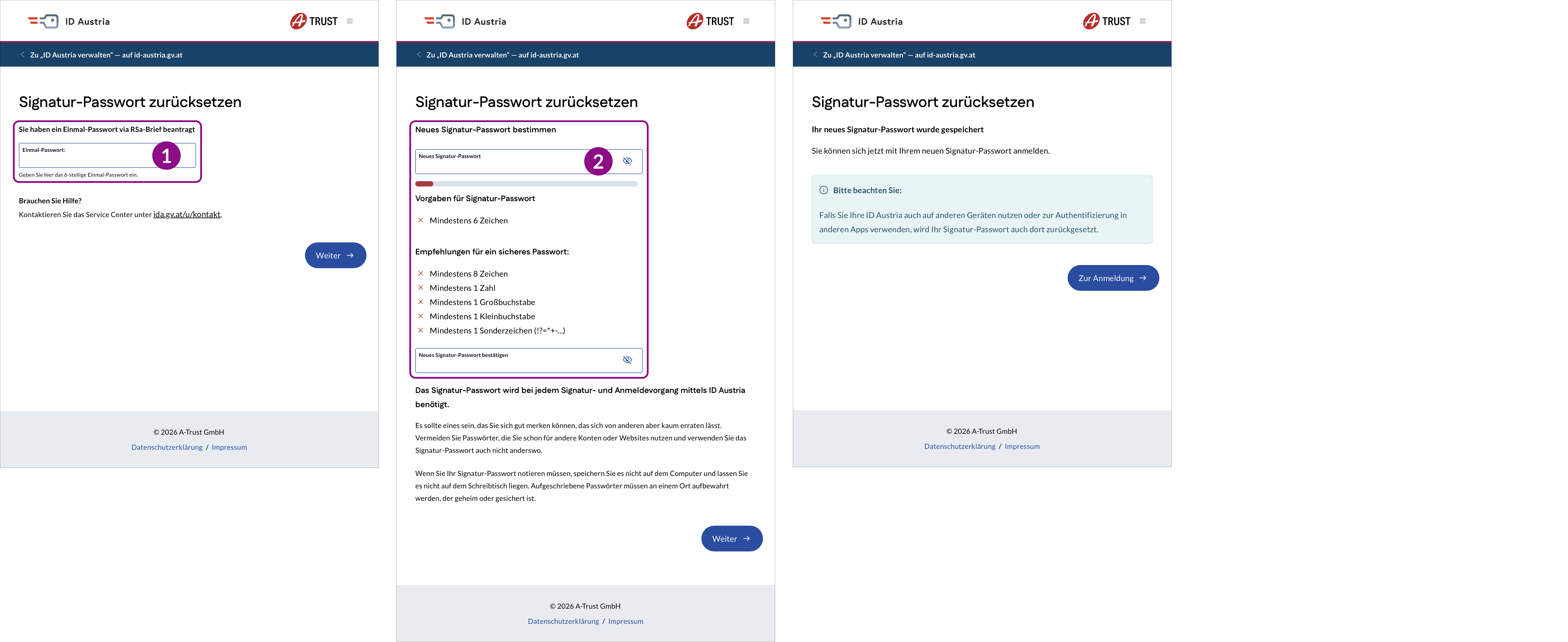 Darstellung der Bildschirme für den Funktionsablauf „Signatur-Passwort mittels Postweg zurücksetzen“ im Web, um das Einmal-Passwort einzugeben das Signatur-Passwort neu zu bestimmen — Teil 3
