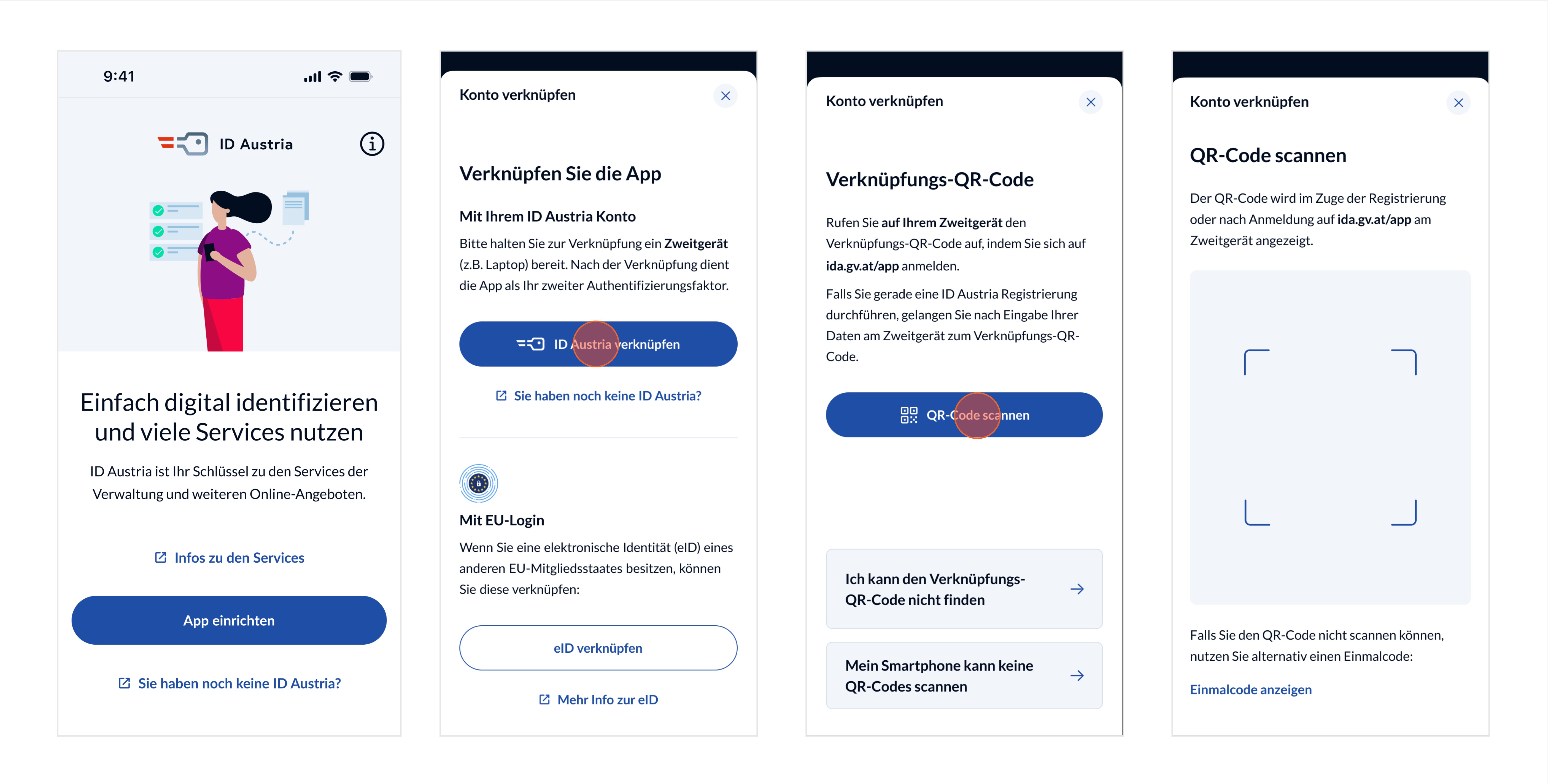 Darstellung der Bildschirme für den Funktionsablauf "QR-Code scannen" in der App