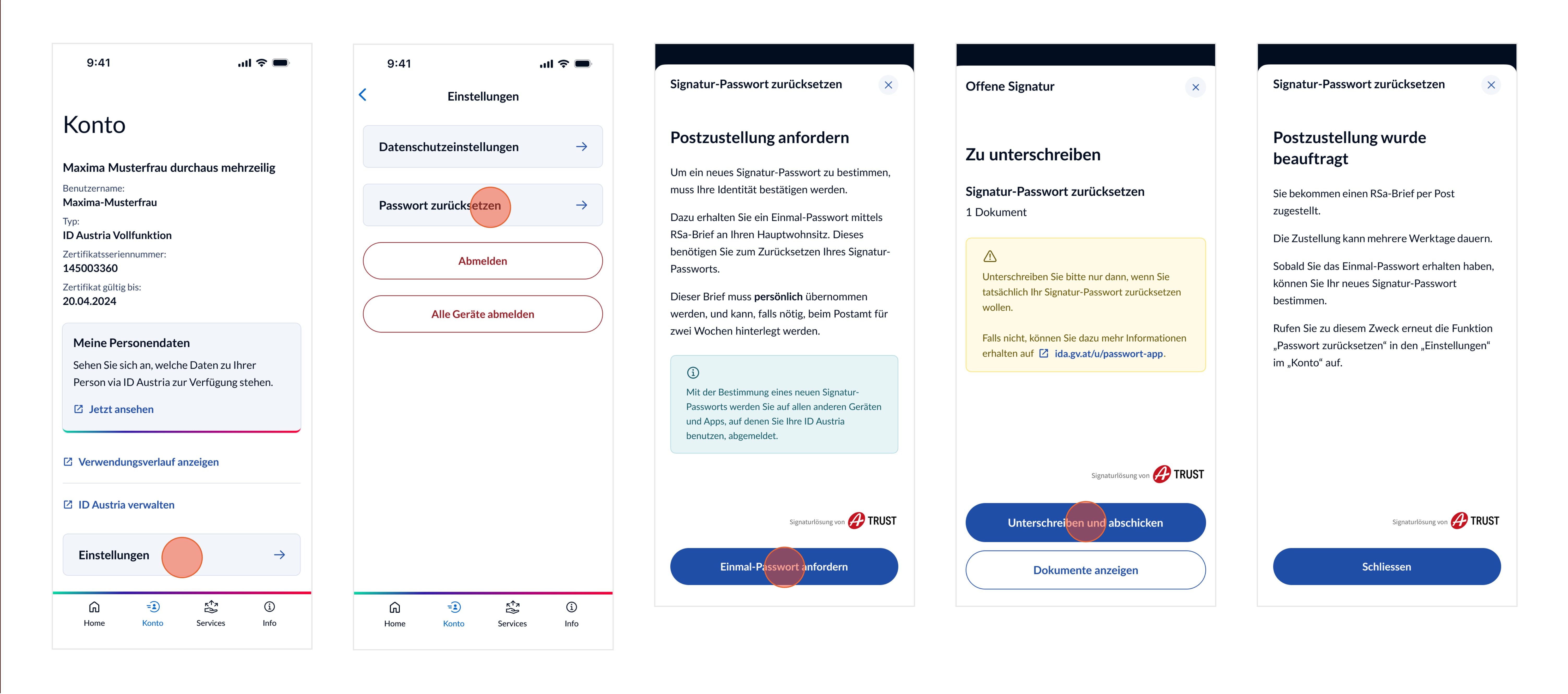 Darstellung der Bildschirme für den Funktionsablauf "Passwort zurücksetzen" in der App - Teil 2