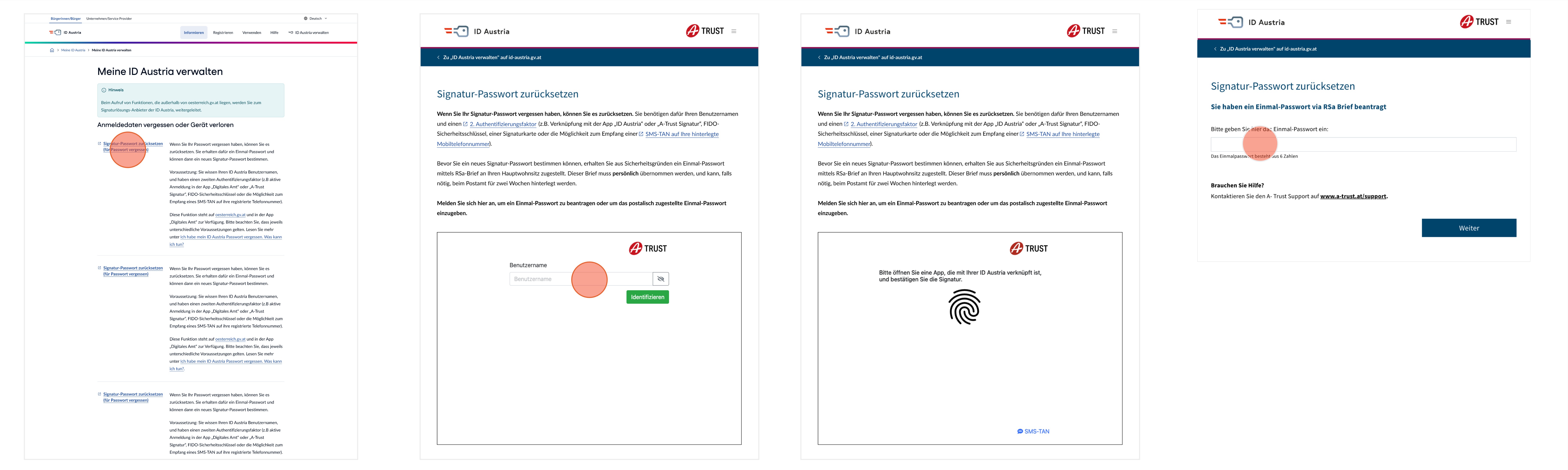 Darstellung der Bildschirme für den Funktionsablauf "Passwort zurücksetzen" im Web - Teil 1 