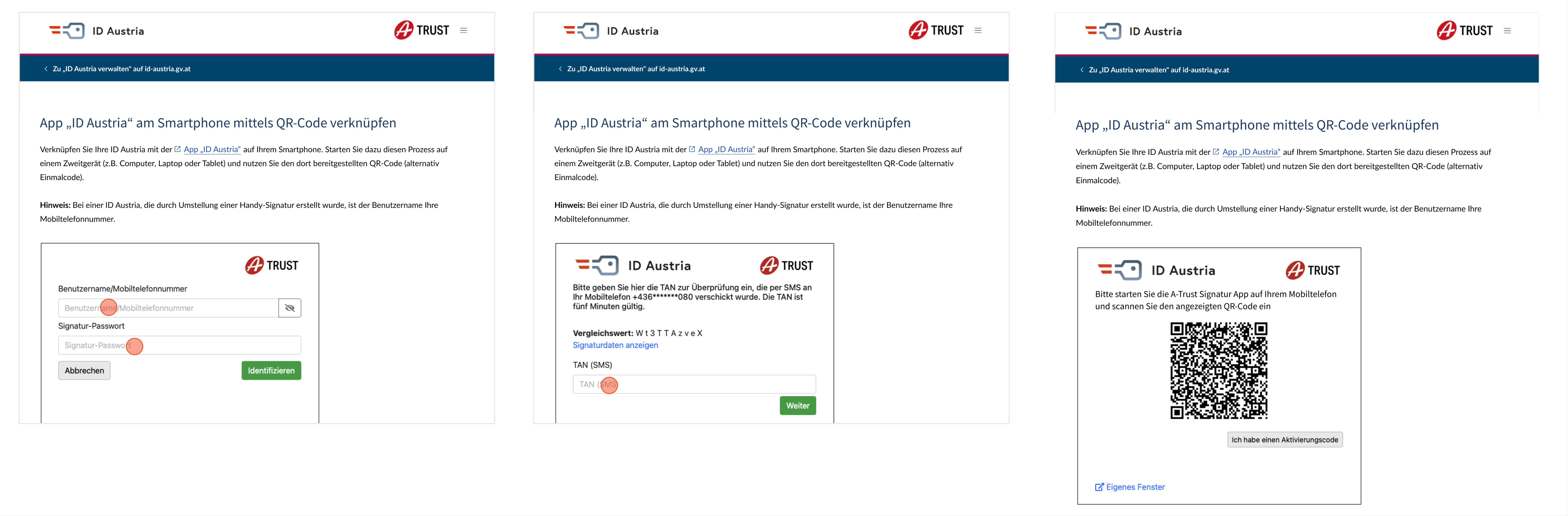 Darstellung der Bildschirme für den Funktionsablauf "QR-Code anzeigen" im Web