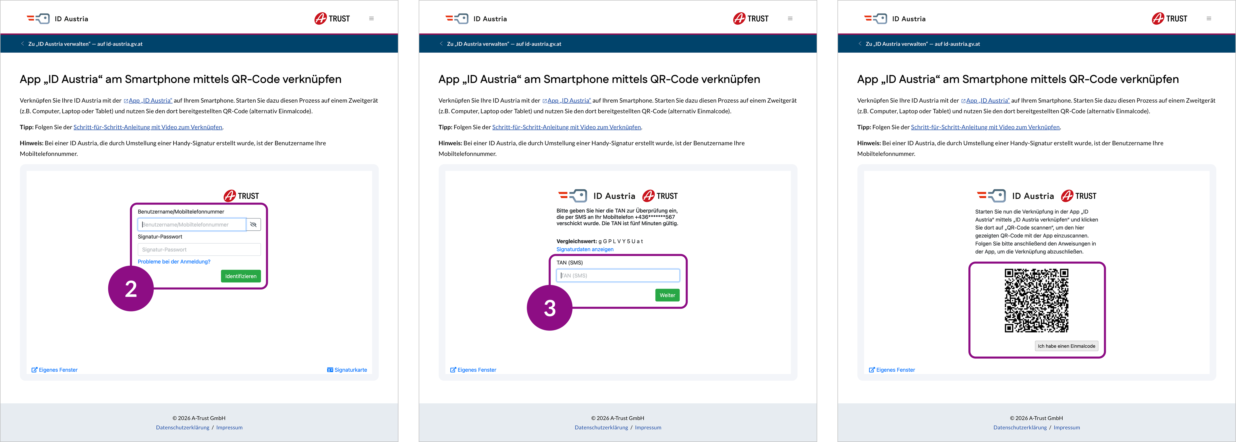 Darstellung der Bildschirme für den Funktionsablauf "QR-Code anzeigen" im Web